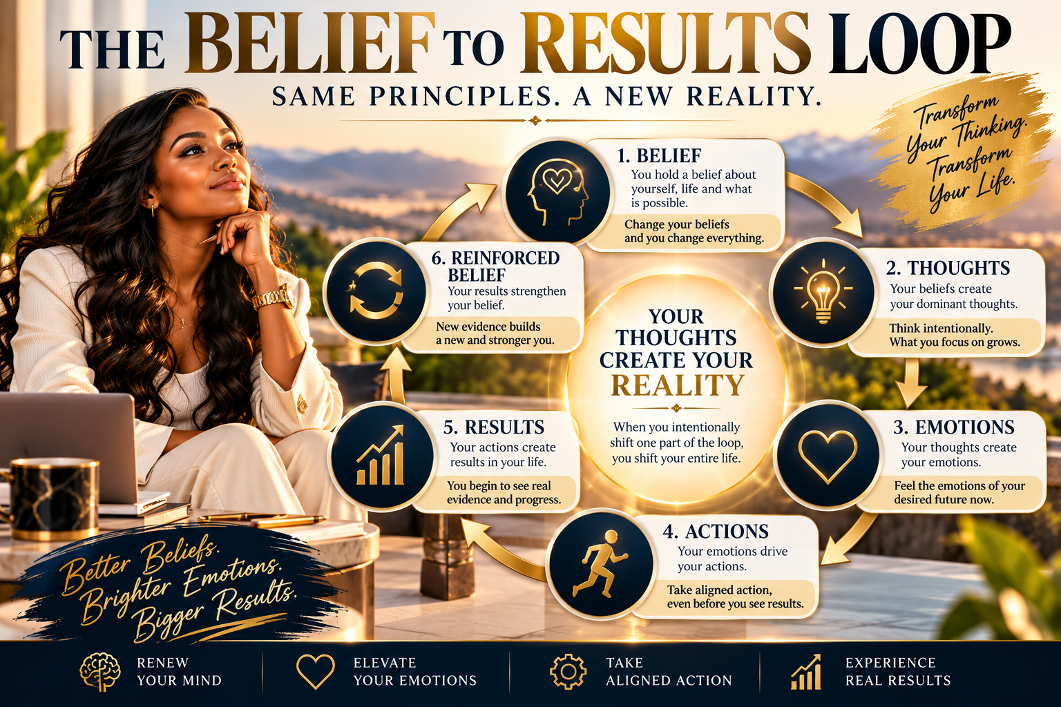 The Belief-to-Results Loop infographic: belief, thoughts, emotions, actions, results and reinforced belief in a continuous cycle.